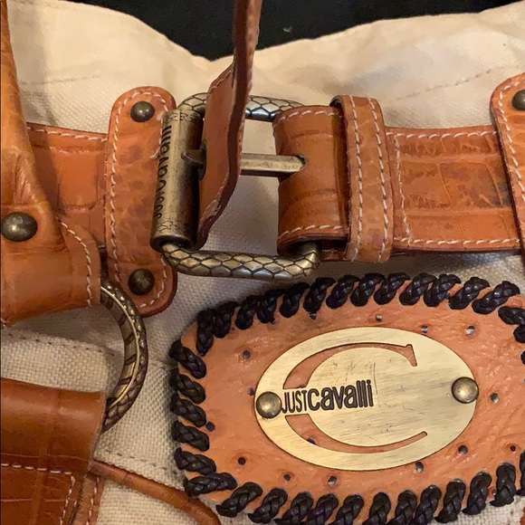 Just Cavalli leather canvas hand bag tan brown - Picture 3 of 8